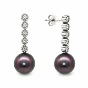 Tahitian Origin Black Pearl and Diamond Drop Earrings in 18K White Gold