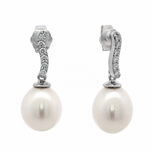 Freshwater White Pearl and Diamond Drop Earrings in 14K White Gold