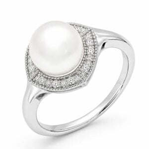 Freshwater Pearl and Diamond Halo Ring in 14K White Gold