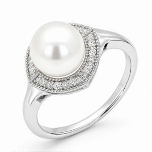 Freshwater Pearl and Diamond Halo Ring in 14K White Gold