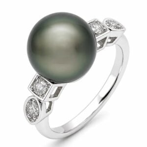 Tahitian Origin Black Pearl and Diamond Ring in 18K White Gold
