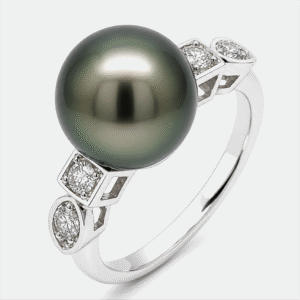 Tahitian Origin Black Pearl and Diamond Ring in 18K White Gold