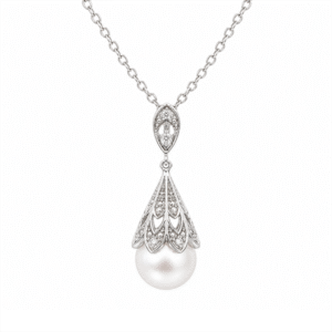 Freshwater White Pearl and Diamond Drop Pendant in 14K White Gold