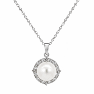 Freshwater White Pearl and Diamond Halo Pendant in 14K White Gold