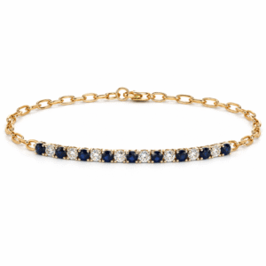 Blue Sapphire and Canadian Diamond Paperclip Chain Bracelet in Yellow and White Gold