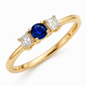 Australian Origin Blue Sapphire and Canadian Diamond Three Stone Ring In Yellow Gold