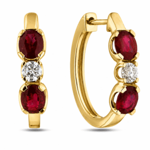 Ruby and Canadian Diamond Oval Hoop Earrings In Yellow Gold