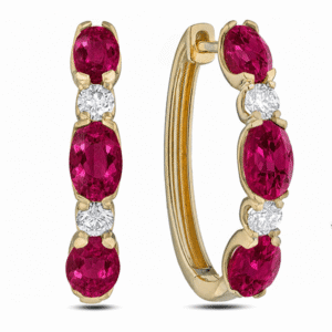 Ruby 3.90 Carat TW and Canadian Diamond Oval Hoop Earrings In Yellow Gold