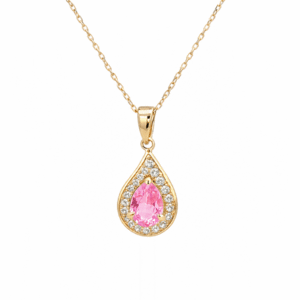 Ceylon Origin Non Heated Pink Sapphire and Canadian Diamond Halo Drop Pendant in Yellow Gold