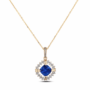 Madagascar Origin Blue Sapphire and Diamond Halo Pendant in 18K Yellow Gold