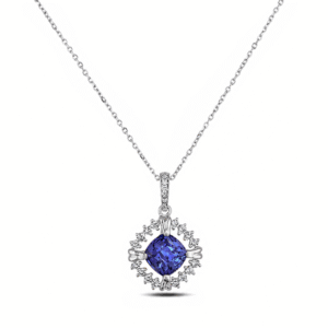 Non Heated Ceylon Origin Blue Sapphire and Diamond Halo Pendant in 18K White Gold