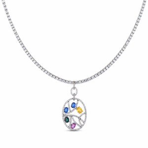 Non Heated Rainbow Sapphire and Diamond Mosaic Pendant Necklace in 14K White Gold