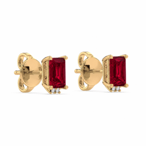 Emerald Cut Ruby and Diamond Stud Earrings in 18K Yellow Gold
