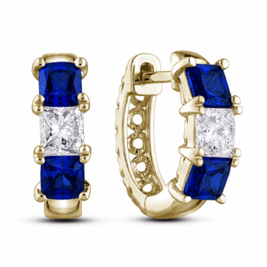 Princess Cut Canadian Diamond & Blue Sapphire Hoop Earrings in Yellow Gold