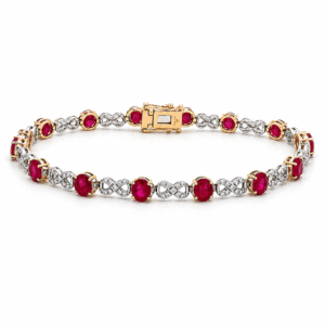 Ruby and Canadian Diamond Half Halo Tennis Bracelet in Yellow and White Gold