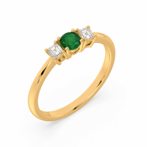 Brazilian Origin Emerald and Canadian Diamond Three Stone Ring In Yellow Gold