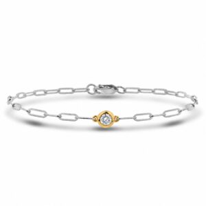 0.22 Carat Bezel Set Canadian Diamond Yellow Gold and Sterling Silver Paperclip Bracelet