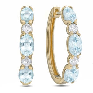 Aquamarine 2.25 Carat TW and Canadian Diamond Oval Hoop Earrings In Yellow Gold