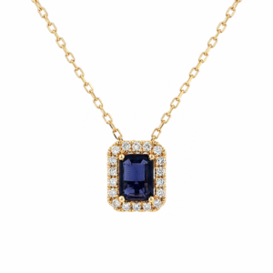 Emerald Shaped Iolite and Canadian Diamond Halo Pendant in Yellow Gold