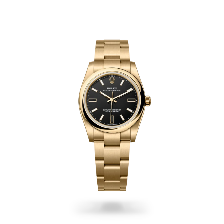 Rolex Oyster Perpetual 34 in Oyster, 34 mm, yellow gold, M124208-0001 at Lugaro Jewellers