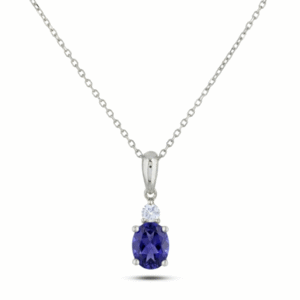 0.54 Carat Oval Iolite and Canadian Diamond Sterling Silver Pendant Necklace