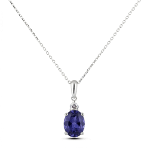 6x8MM Oval Cut Iolite and Canadian Diamond Sterling Silver Pendant Necklace