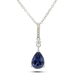 0.65 Carat Pear Shaped Iolite and Canadian Diamond Sterling Silver Pendant Necklace