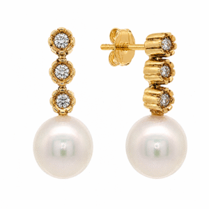 Akoya Origin White Pearl and Diamond Dangle Drop Earrings in 18K Yellow Gold