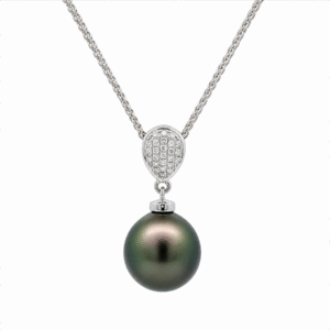Tahitian Origin Black Pearl and Diamond Drop Pendant in 18K White Gold