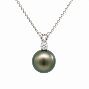 Tahitian Origin Black Pearl and Diamond Pendant in 18K White Gold