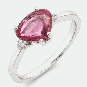 Heart Shaped 1.82 Carat Pink Sapphire and Diamond Three Stone Ring in 18K White Gold