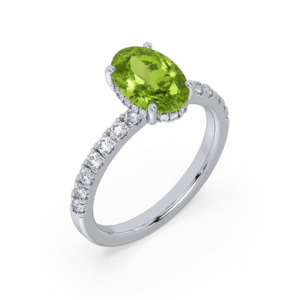 Oval Cut Peridot and Diamond Hidden Halo Ring in 18K White Gold