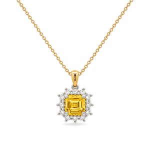 Yellow Sapphire and Diamond Blossom Halo Pendant in Yellow and White Gold