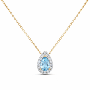 Aquamarine and Canadian Diamond Halo Pendant in Yellow Gold