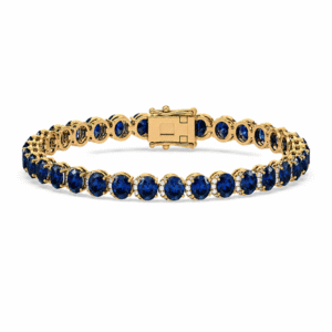 Blue Sapphire 14.21 Carat TW and Canadian Diamond Half Halo Tennis Bracelet in Yellow Gold