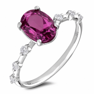 Tanzanian Origin Rhodolite Garnet and Dainty Diamond Ring in 14K White Gold