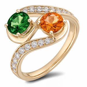 Non Heated Green Sapphire & Orange Sapphire You & Me Diamond Ring in Yellow Gold