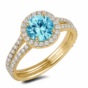 Blue Topaz 1.26 Carat and Diamond Halo Ring in 18K Yellow Gold
