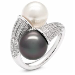 South Sea Origin Pearl and Diamond Bypass Ring in 18K White Gold