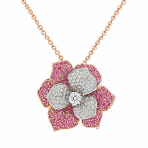 De Beers Forevermark Diamond & Pink Sapphire Flower Pendant and Chain in 14K Rose & White Gold