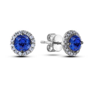 Blue Sapphire 1.13 Carat TW and Canadian Diamond Halo Stud Earrings in White Gold