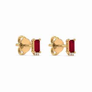Baguette Cut Ruby and Diamond Stud Earrings in 18K Yellow Gold
