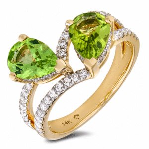 Peridot and Diamond Halo You and Me Ring in 14K Yellow Gold