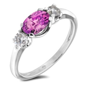 Pink Sapphire and Canadian Diamond Three Stone Ring in White Gold