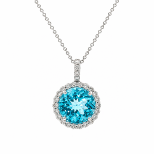 Blue Topaz 5.08 Carat Pendant with Canadian Diamond Halo In 14K White Gold