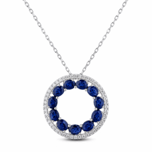 Blue Sapphire 4.93 Carat TW and Canadian Diamond Open Halo Circle Necklace In White Gold