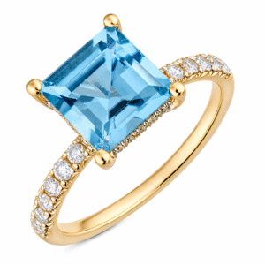 Square Cut Blue Topaz and Diamond Hidden Halo Ring in 14K Yellow Gold