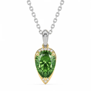 Pear Shaped 1.75 Carat Green Sapphire and Canadian Diamond Pendant in Yellow Gold and Silver Chain
