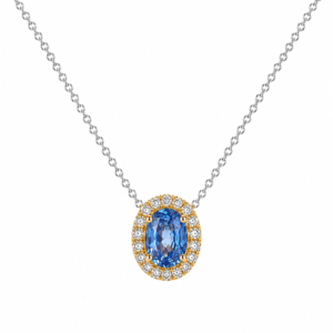 Oval Shape Blue Sapphire and Canadian Diamond Halo Pendant in Yellow Gold and Silver