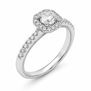 De Beers Forevermark Halo Engagement Ring with Pave Shank in 18K White Gold